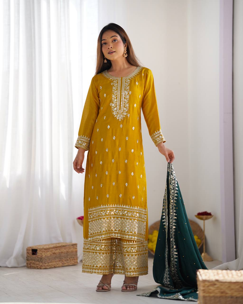 Teeya Creation Yellow Color Chinnon Silk Embroidery Work Fully Stitched Salwar Suit | Grocsy