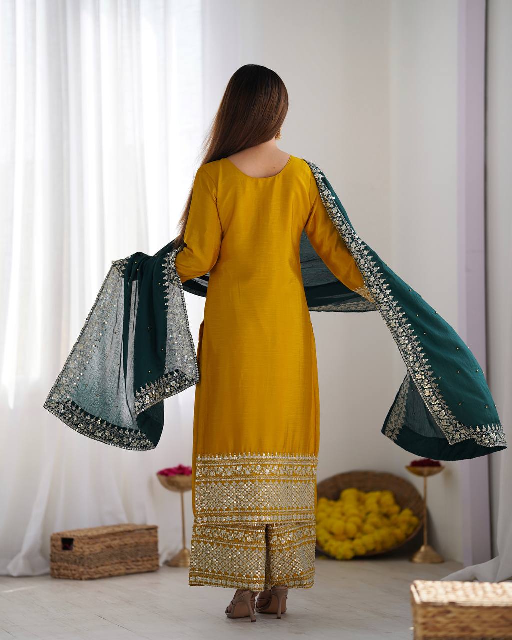 Teeya Creation Yellow Color Chinnon Silk Embroidery Work Fully Stitched Salwar Suit | Grocsy