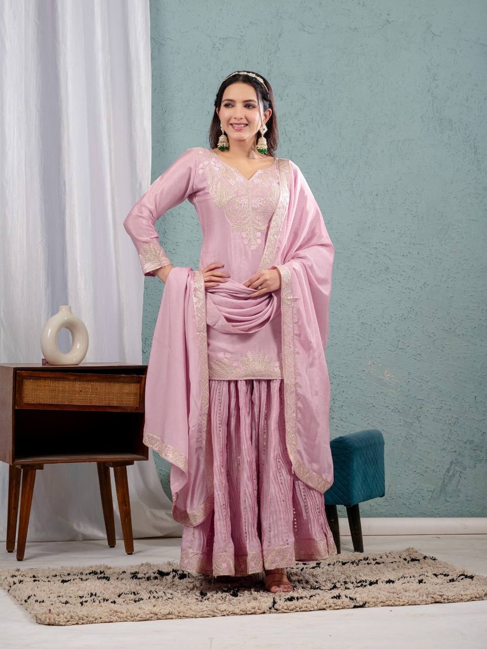 Teeya Creation Baby Pink Color Chinnon Silk Embroidery Work Fully Stitched Salwar Suit | Grocsy