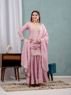 Teeya Creation Baby Pink Color Chinnon Silk Embroidery Work Fully Stitched Salwar Suit | Grocsy