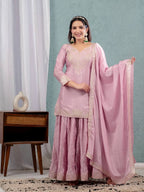 Teeya Creation Baby Pink Color Chinnon Silk Embroidery Work Fully Stitched Salwar Suit | Grocsy