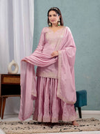 Teeya Creation Baby Pink Color Chinnon Silk Embroidery Work Fully Stitched Salwar Suit | Grocsy