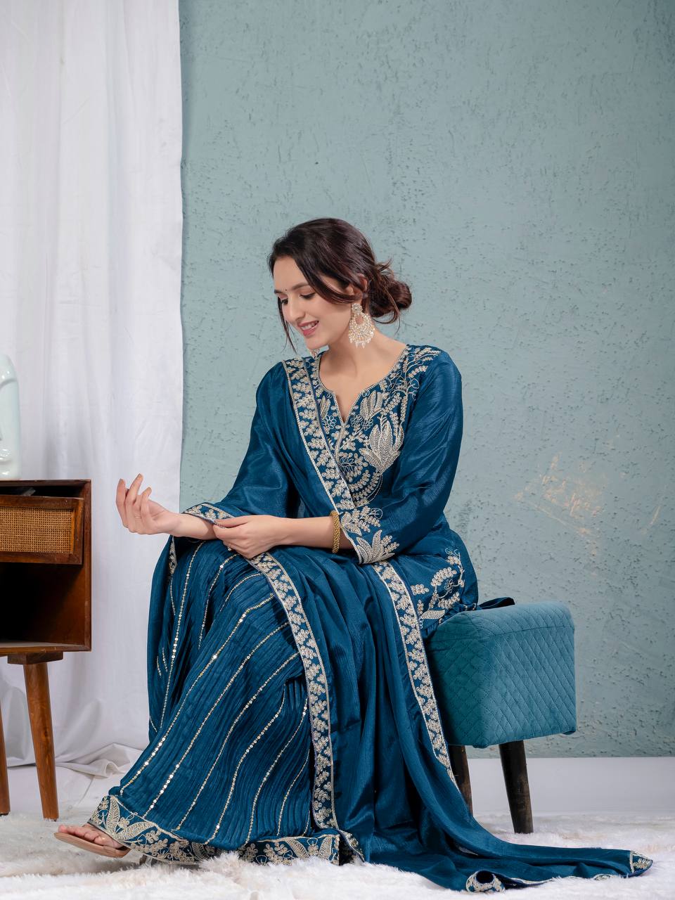 Teeya Creation Blue Color Chinnon Silk Embroidery Work Fully Stitched Salwar Suit | Grocsy