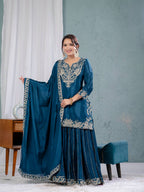 Teeya Creation Blue Color Chinnon Silk Embroidery Work Fully Stitched Salwar Suit | Grocsy