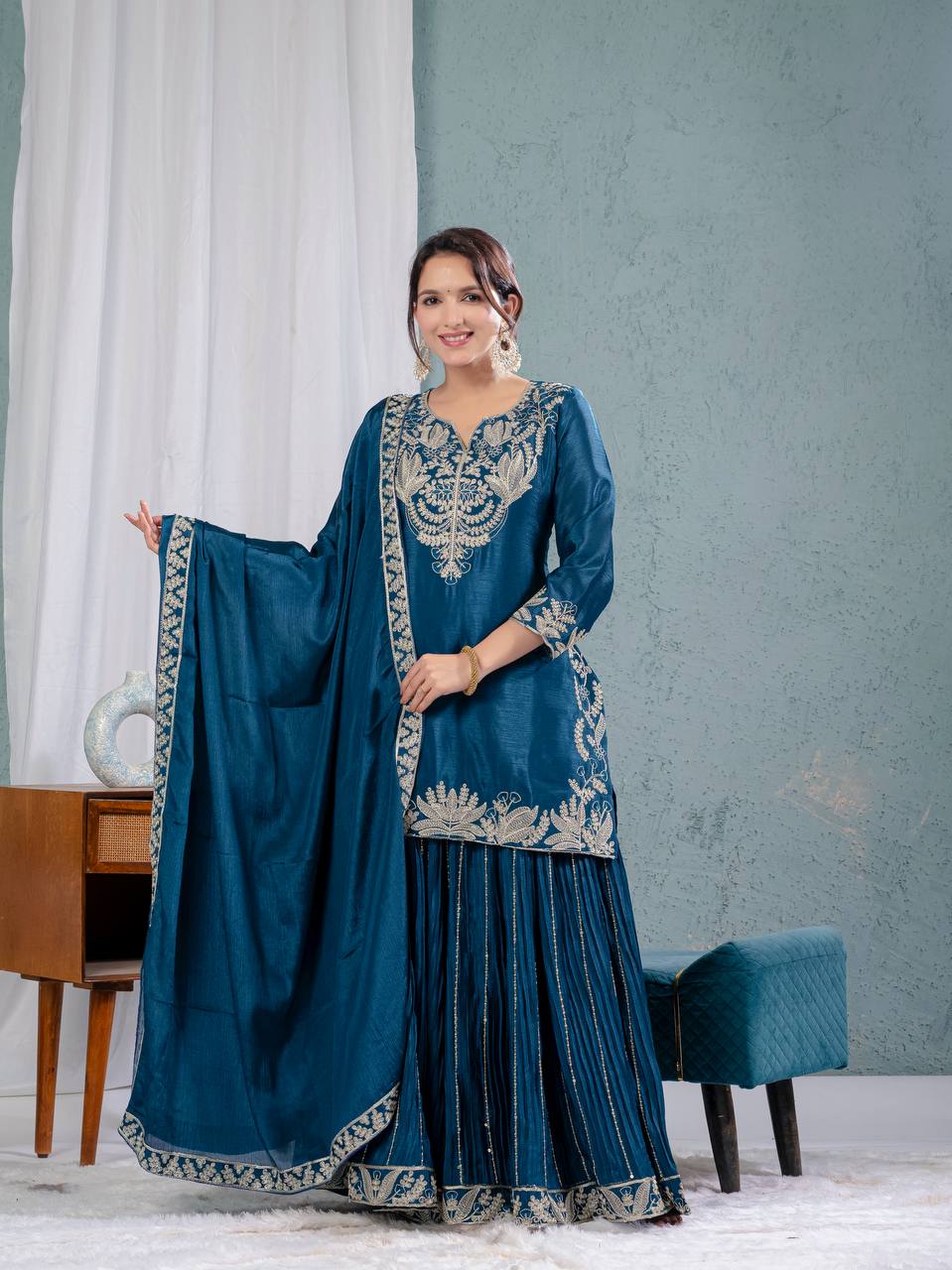 Teeya Creation Blue Color Chinnon Silk Embroidery Work Fully Stitched Salwar Suit | Grocsy