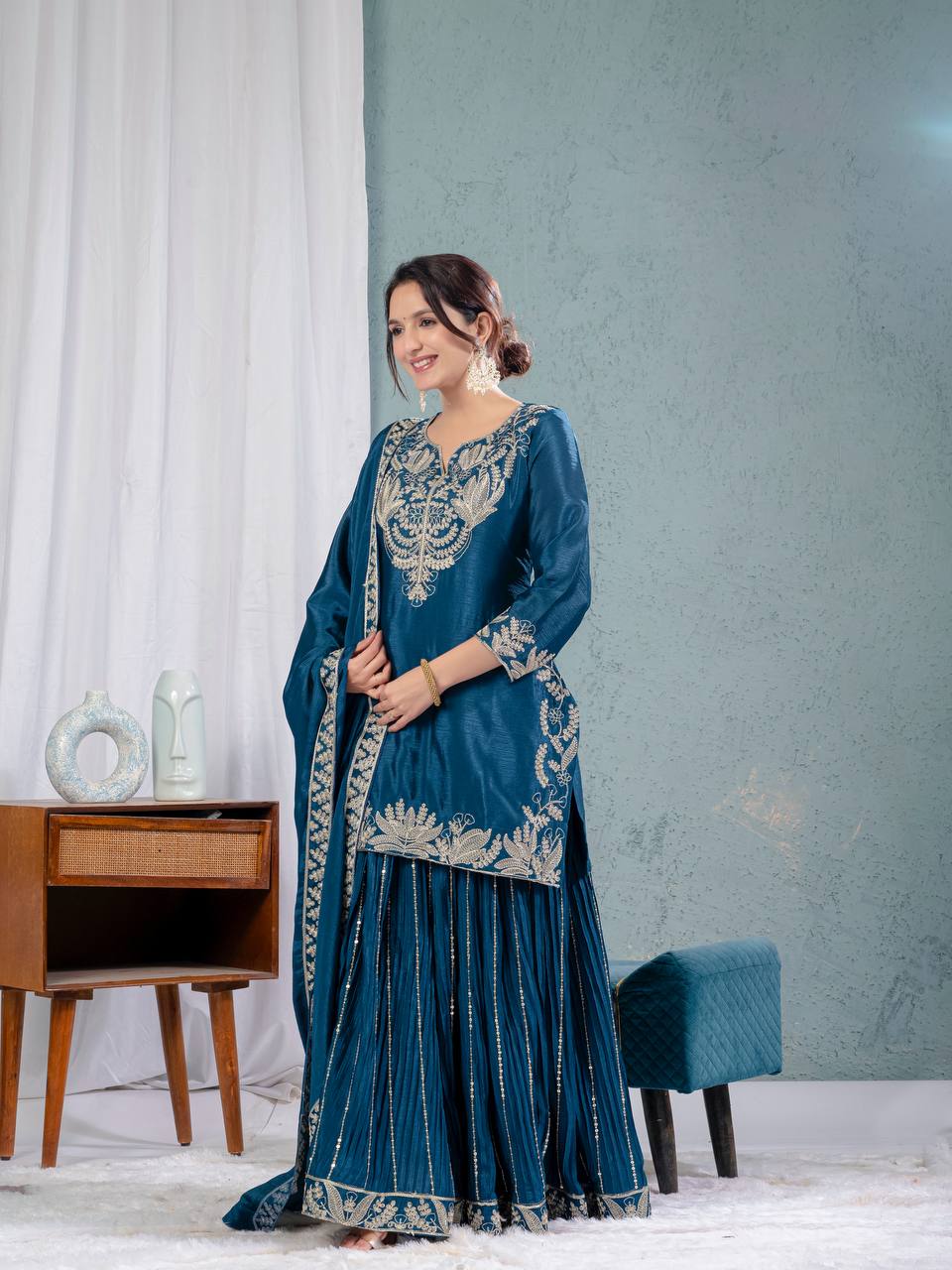 Teeya Creation Blue Color Chinnon Silk Embroidery Work Fully Stitched Salwar Suit | Grocsy