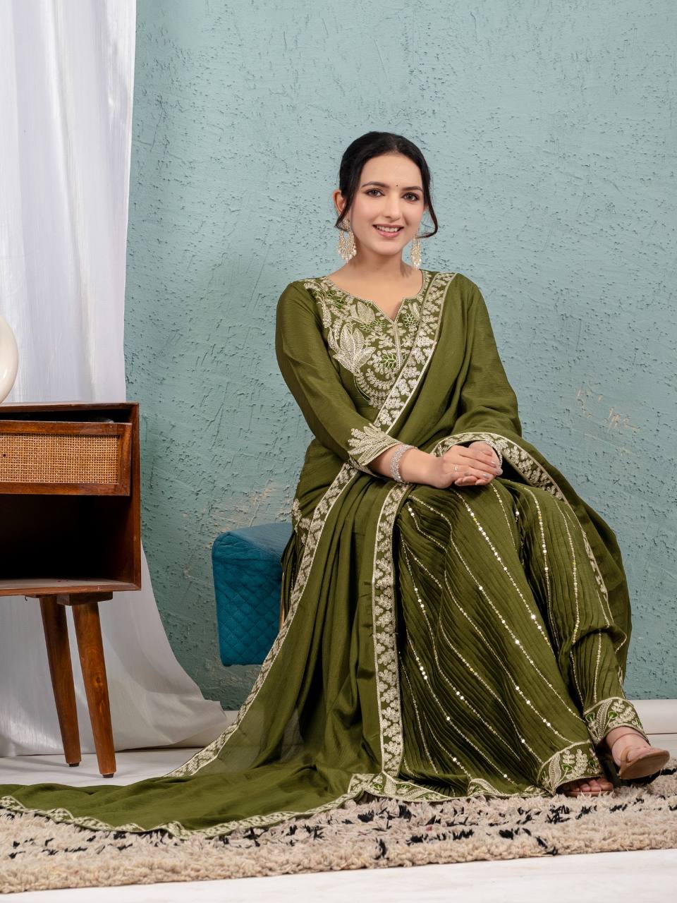 Teeya Creation Mehendi Color Chinnon Silk Embroidery Work Fully Stitched Salwar Suit | Grocsy