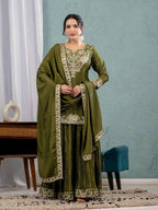 Teeya Creation Mehendi Color Chinnon Silk Embroidery Work Fully Stitched Salwar Suit | Grocsy