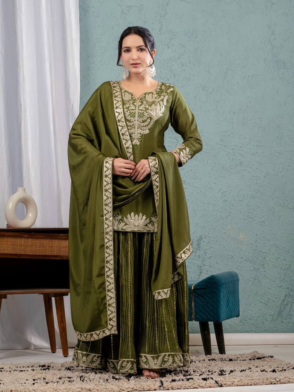 Teeya Creation Mehendi Color Chinnon Silk Embroidery Work Fully Stitched Salwar Suit | Grocsy