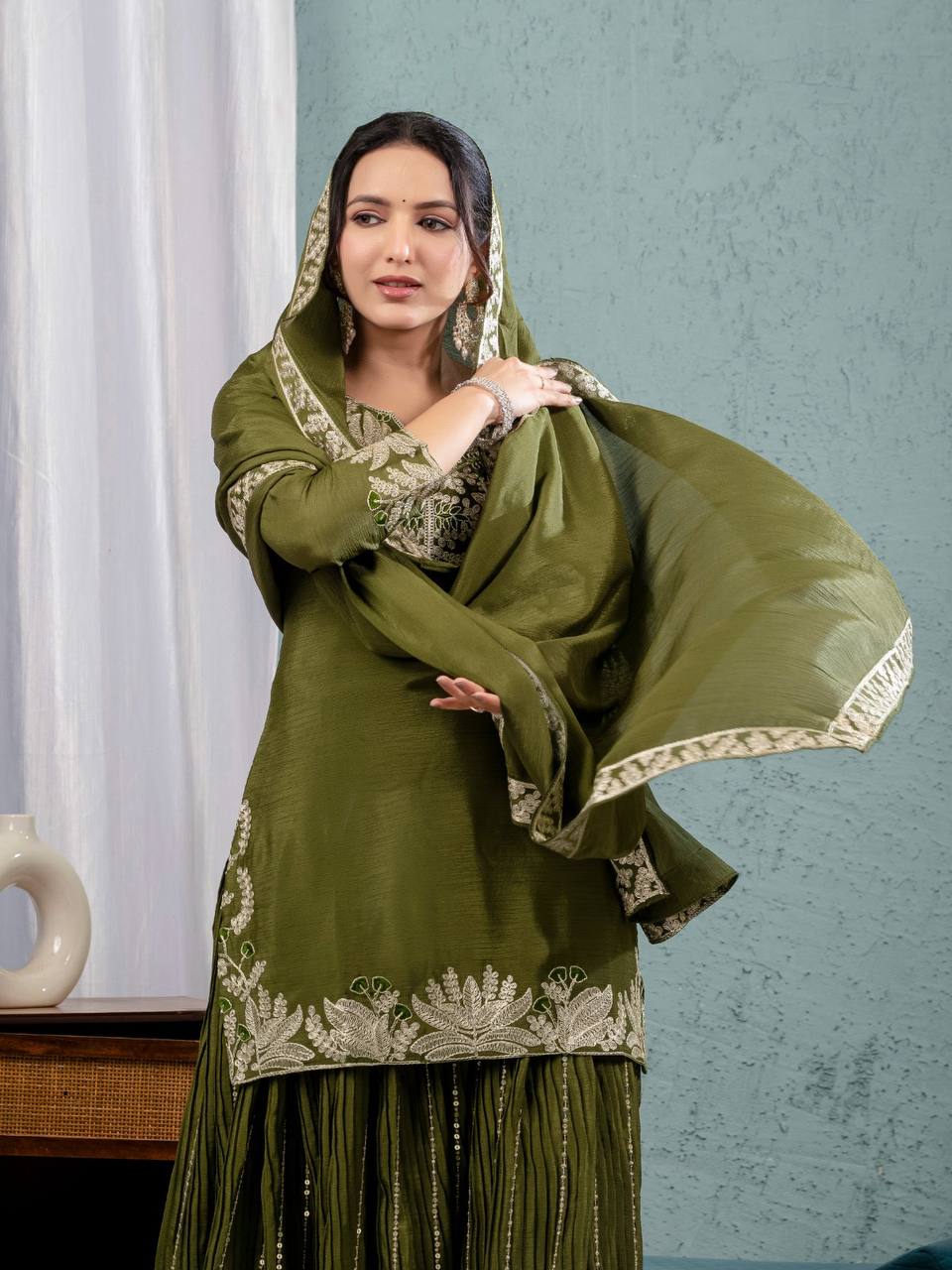 Teeya Creation Mehendi Color Chinnon Silk Embroidery Work Fully Stitched Salwar Suit | Grocsy