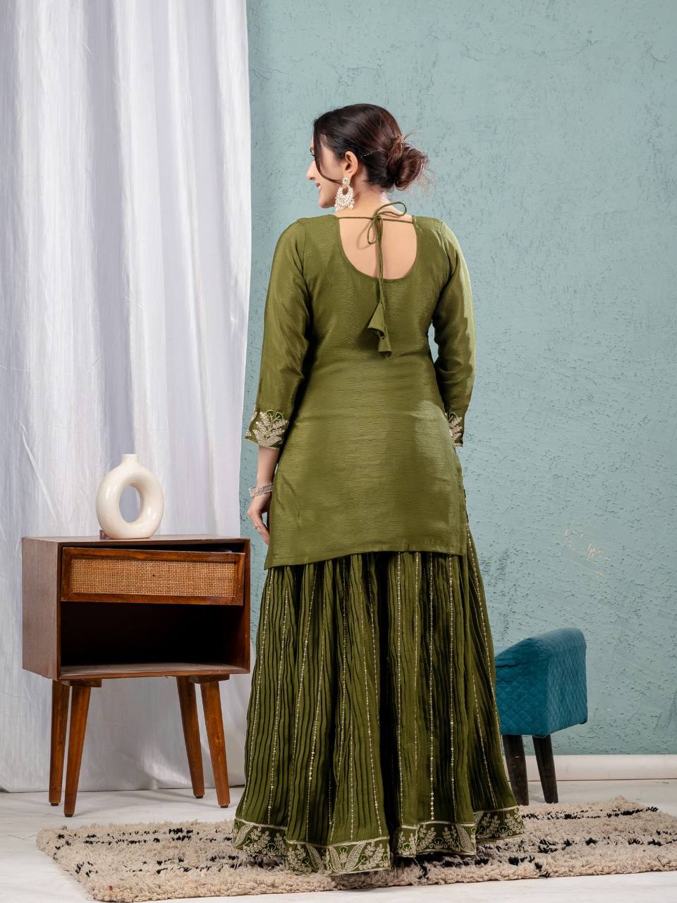 Teeya Creation Mehendi Color Chinnon Silk Embroidery Work Fully Stitched Salwar Suit | Grocsy