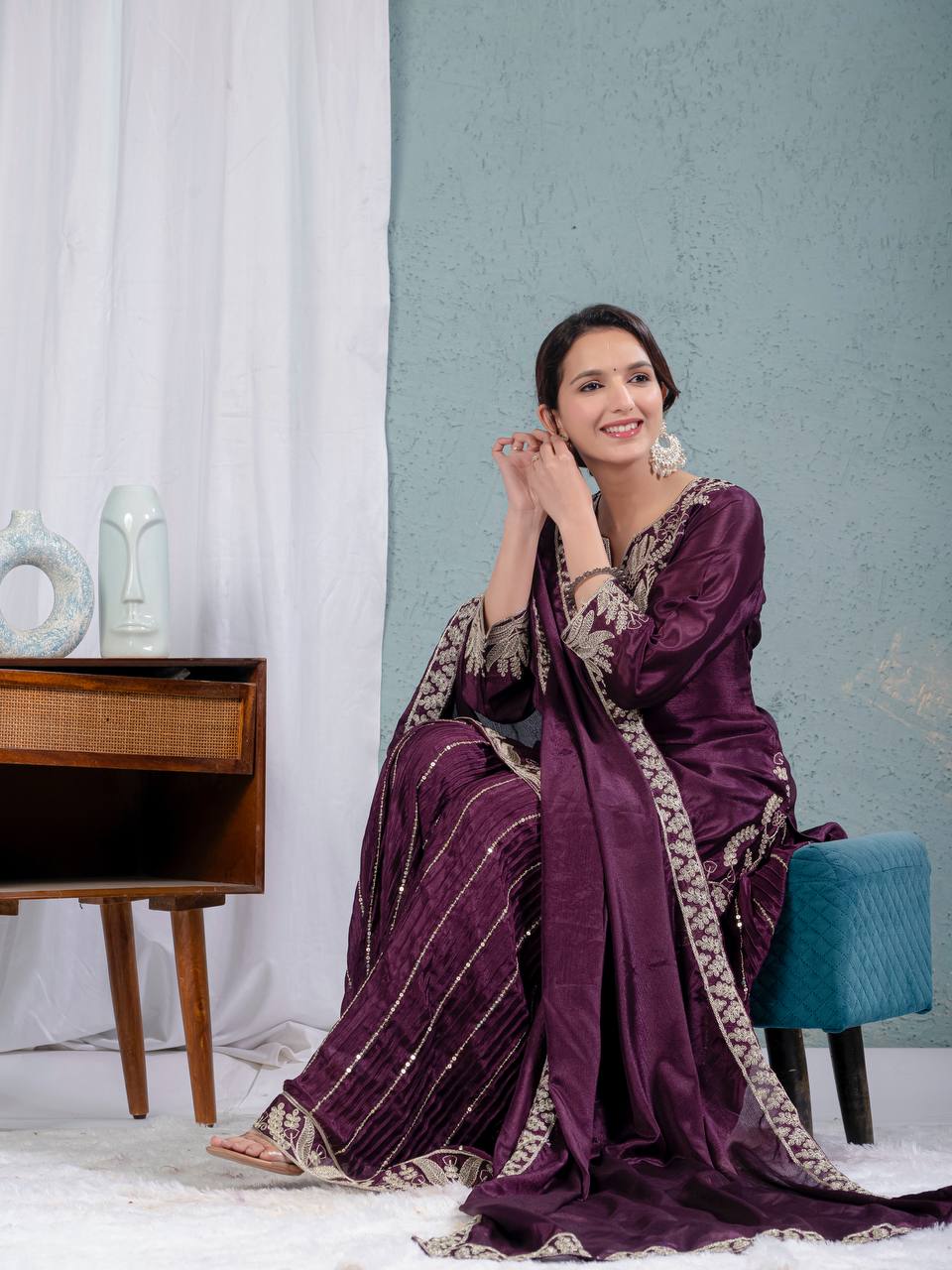 Teeya Creation Violet Color Chinnon Silk Embroidery Work Fully Stitched Salwar Suit | Grocsy