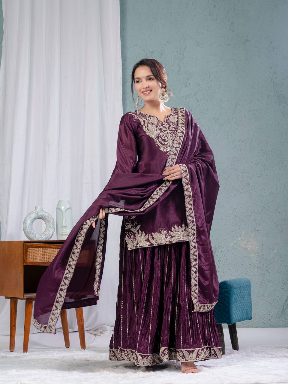 Teeya Creation Violet Color Chinnon Silk Embroidery Work Fully Stitched Salwar Suit | Grocsy