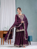 Teeya Creation Violet Color Chinnon Silk Embroidery Work Fully Stitched Salwar Suit | Grocsy