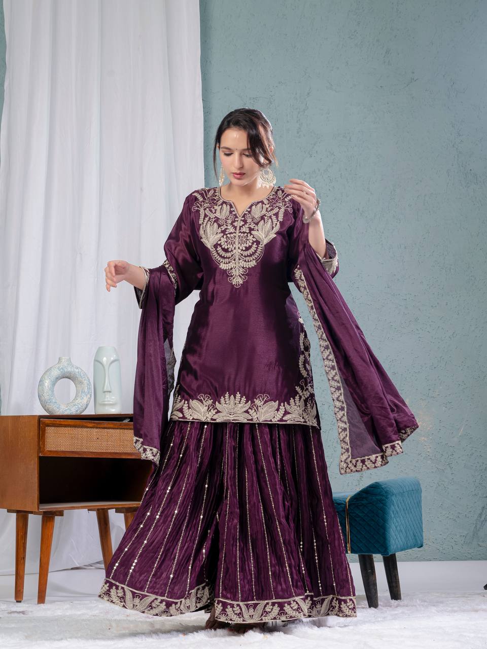Teeya Creation Violet Color Chinnon Silk Embroidery Work Fully Stitched Salwar Suit | Grocsy