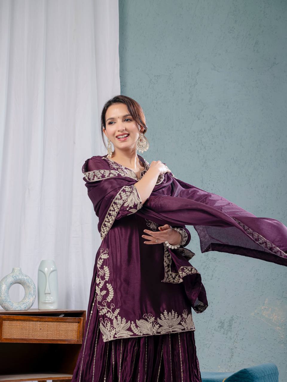 Teeya Creation Violet Color Chinnon Silk Embroidery Work Fully Stitched Salwar Suit | Grocsy
