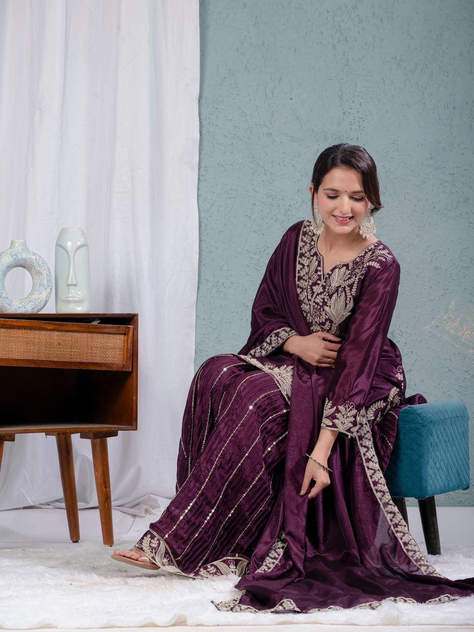 Teeya Creation Violet Color Chinnon Silk Embroidery Work Fully Stitched Salwar Suit | Grocsy