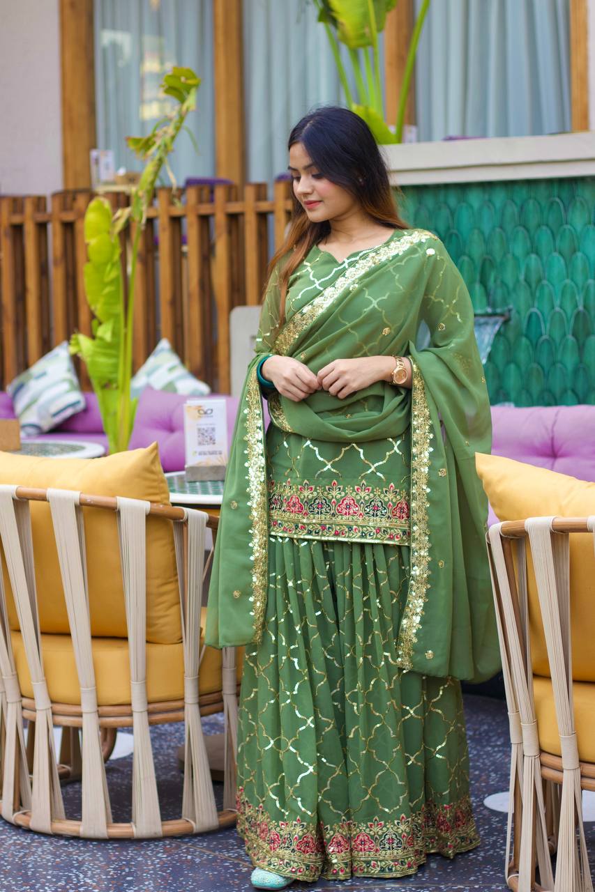 Teeya Creation Green Color Chinnon Silk Embroidery Work Fully Stitched Salwar Suit | Grocsy