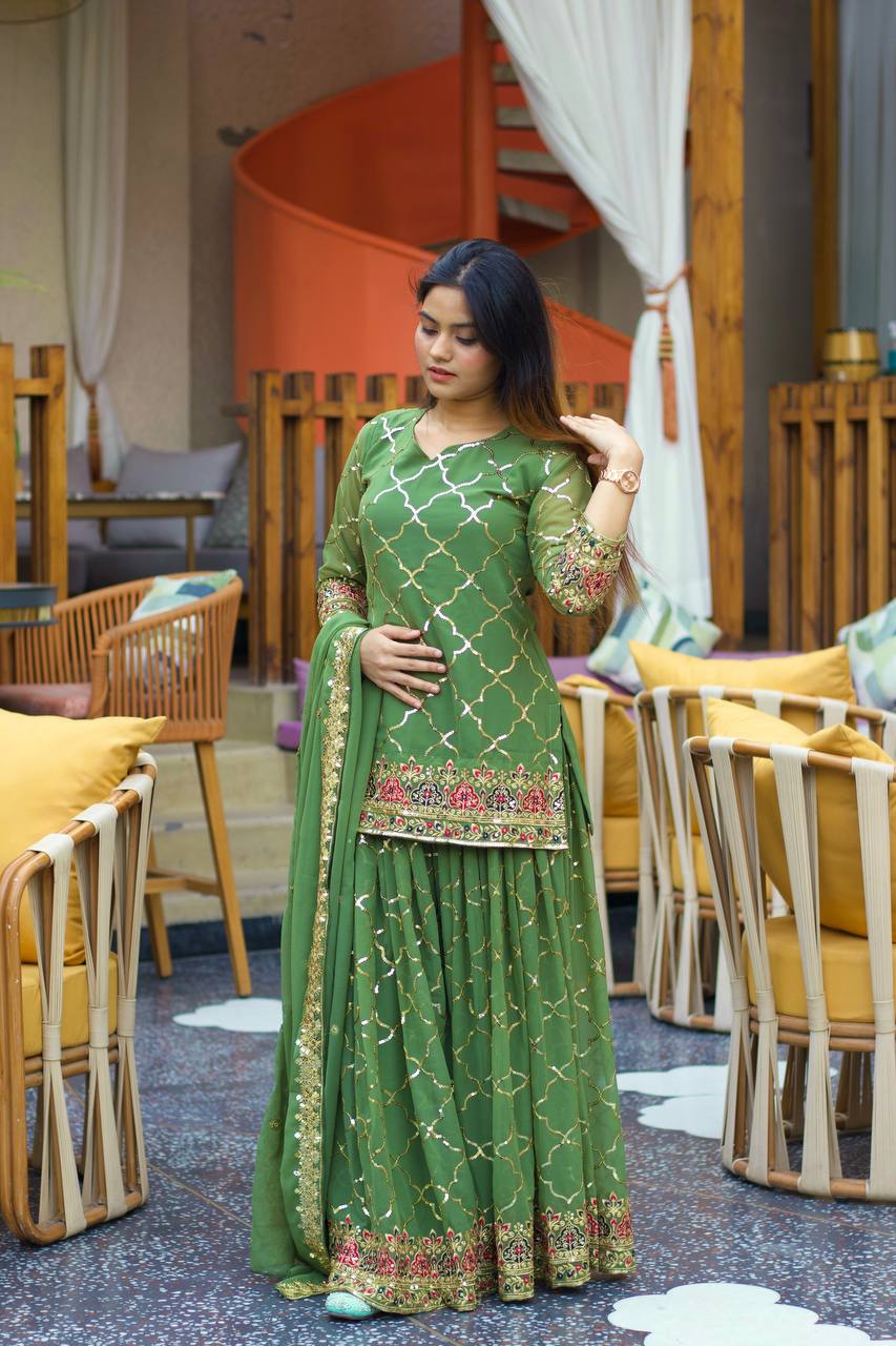 Teeya Creation Green Color Chinnon Silk Embroidery Work Fully Stitched Salwar Suit | Grocsy