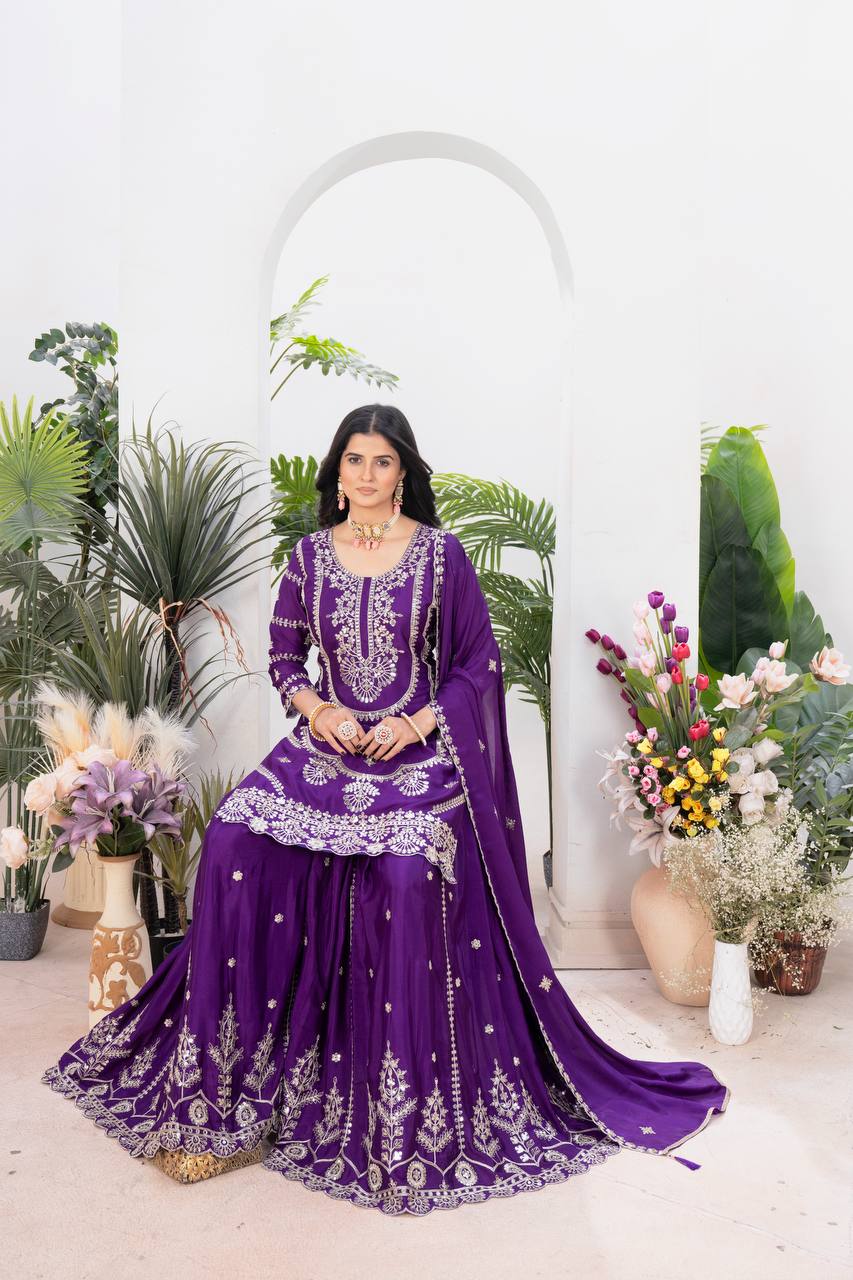 Teeya Creation Purple Color Chinnon Silk Embroidery Work Fully Stitched Salwar Suit | Grocsy
