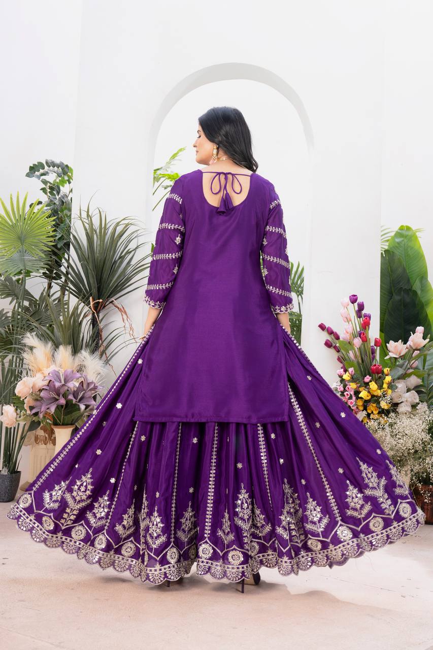 Teeya Creation Purple Color Chinnon Silk Embroidery Work Fully Stitched Salwar Suit | Grocsy
