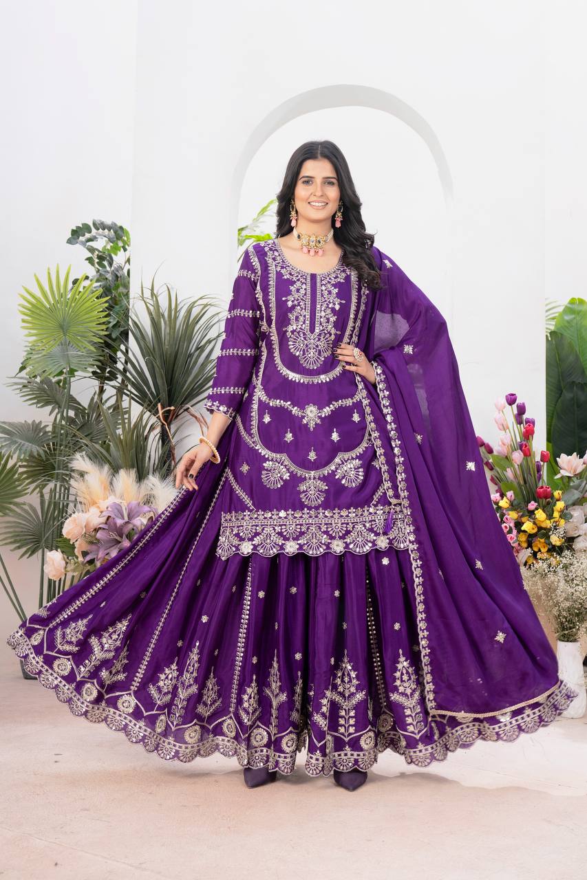 Teeya Creation Purple Color Chinnon Silk Embroidery Work Fully Stitched Salwar Suit | Grocsy
