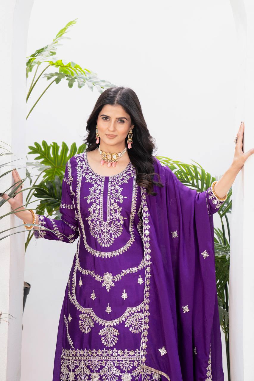 Teeya Creation Purple Color Chinnon Silk Embroidery Work Fully Stitched Salwar Suit | Grocsy