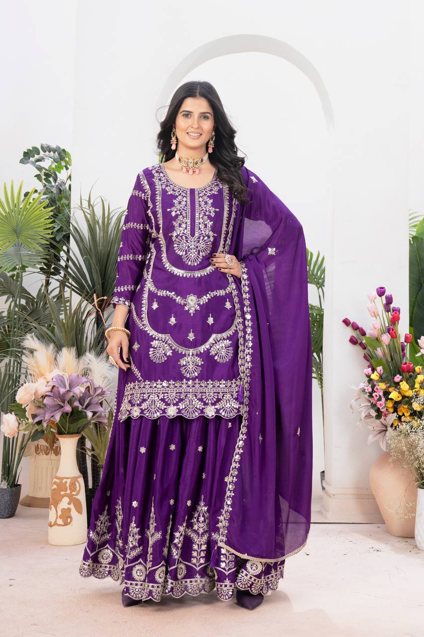Teeya Creation Purple Color Chinnon Silk Embroidery Work Fully Stitched Salwar Suit | Grocsy