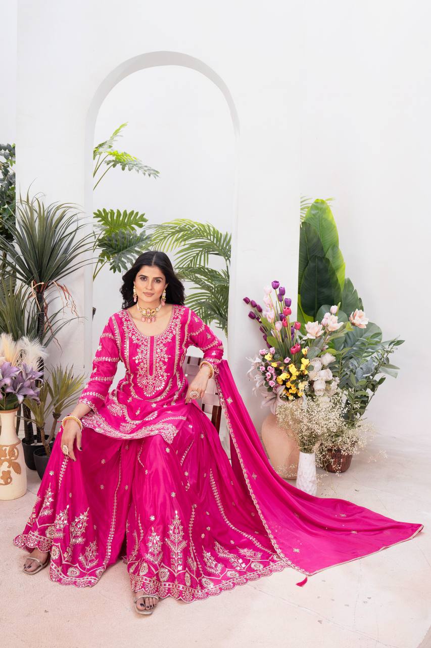 Teeya Creation Rani Color Chinnon Silk Embroidery Work Fully Stitched Salwar Suit | Grocsy