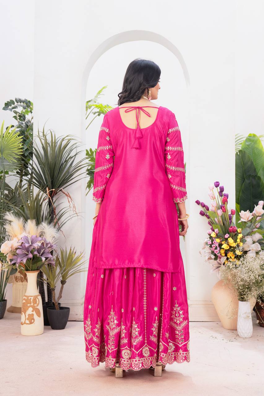 Teeya Creation Rani Color Chinnon Silk Embroidery Work Fully Stitched Salwar Suit | Grocsy
