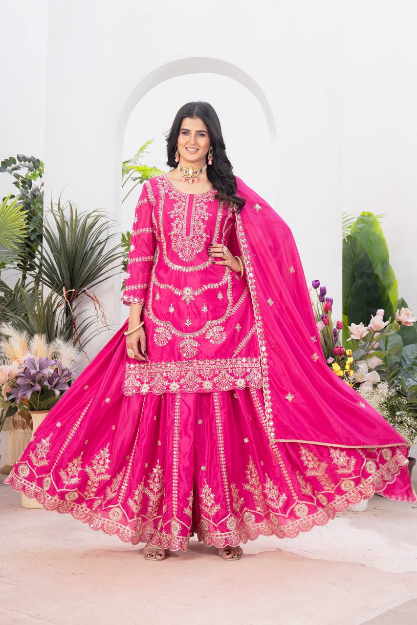 Teeya Creation Rani Color Chinnon Silk Embroidery Work Fully Stitched Salwar Suit | Grocsy