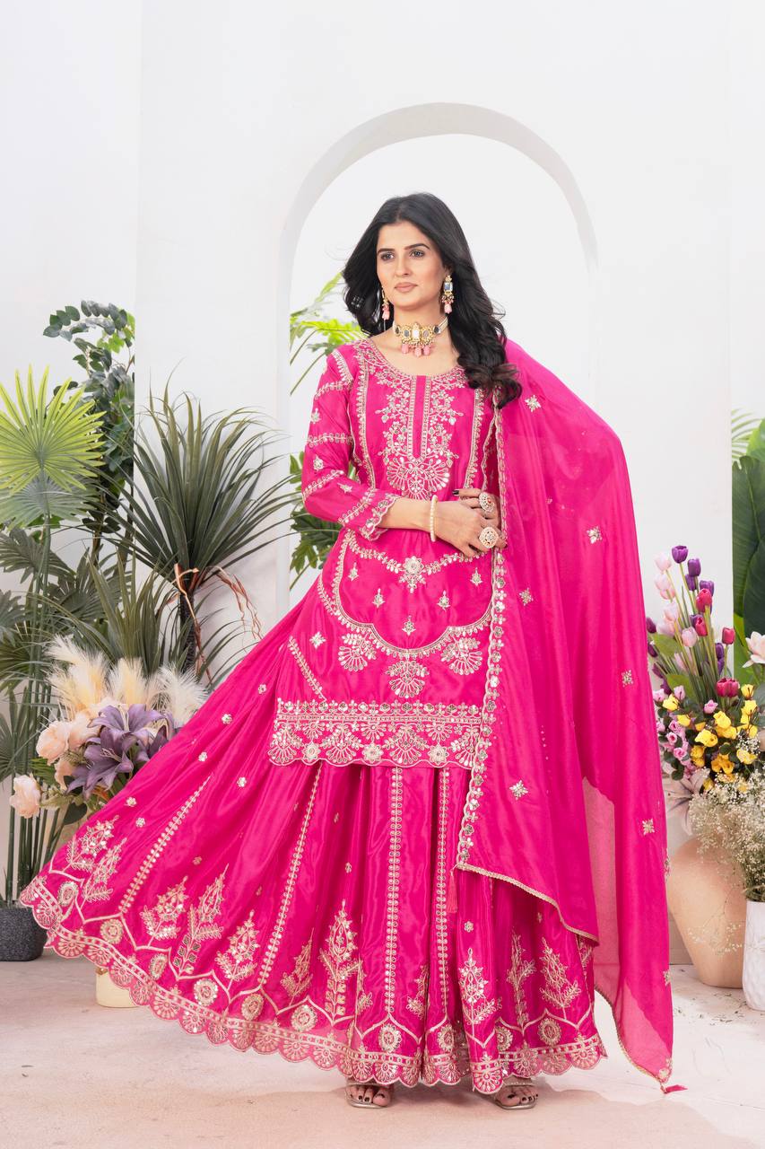 Teeya Creation Rani Color Chinnon Silk Embroidery Work Fully Stitched Salwar Suit | Grocsy