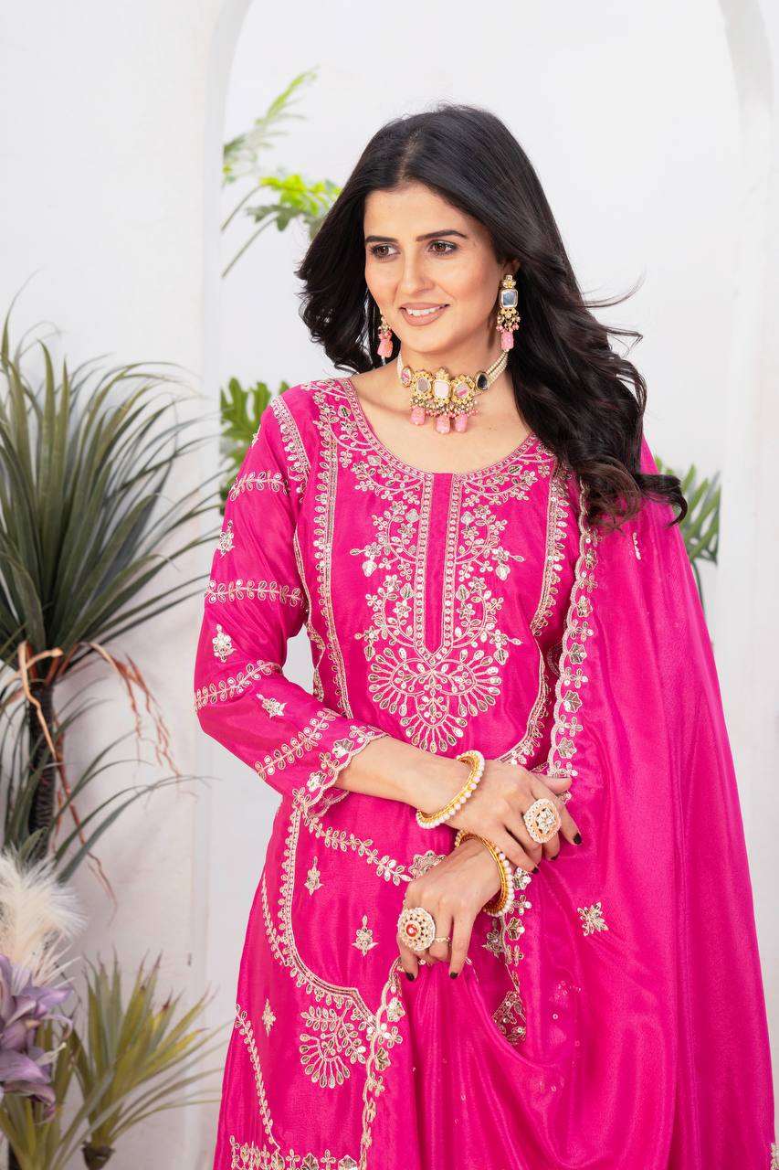 Teeya Creation Rani Color Chinnon Silk Embroidery Work Fully Stitched Salwar Suit | Grocsy