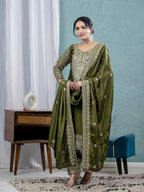 Teeya Creation Green Color Chinnon Silk Embroidery Work Fully Stitched Salwar Suit | Grocsy