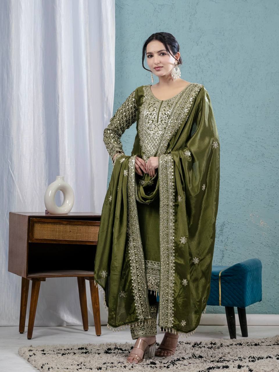 Teeya Creation Green Color Chinnon Silk Embroidery Work Fully Stitched Salwar Suit | Grocsy