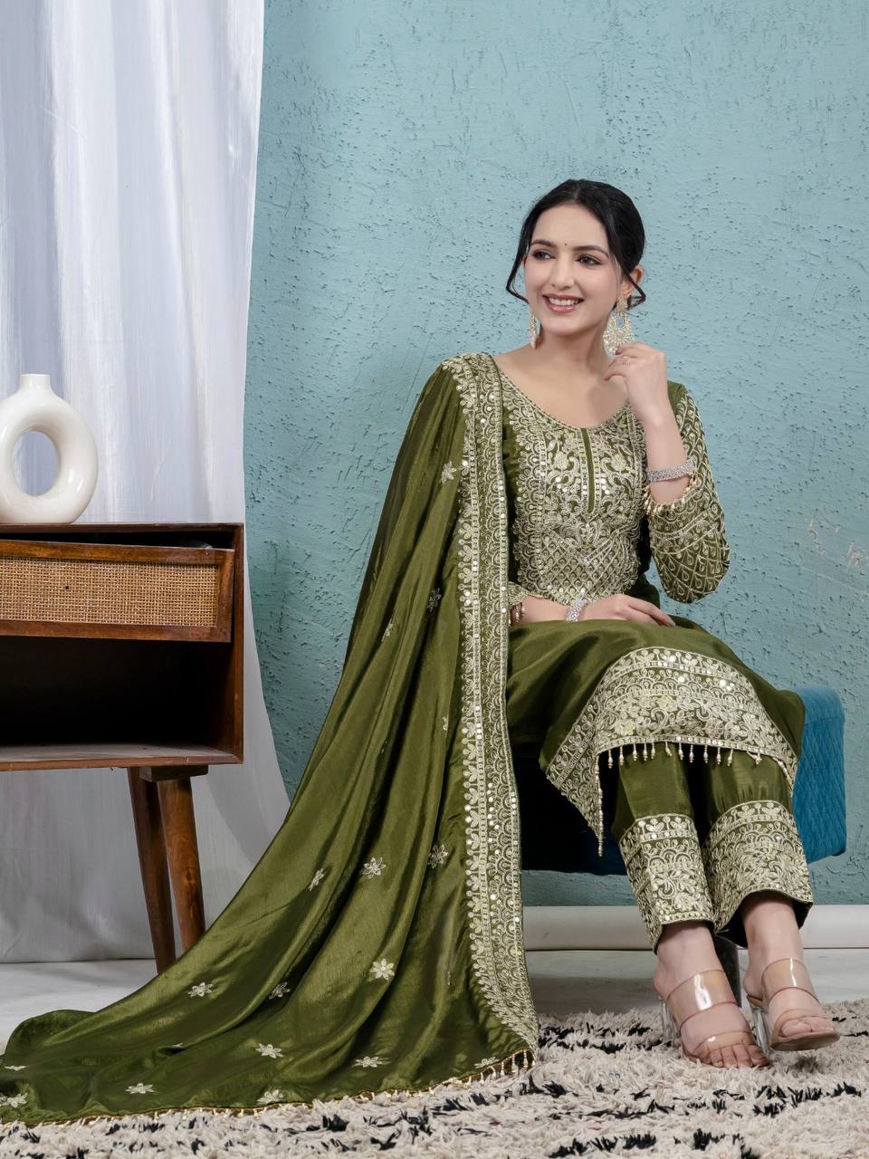 Teeya Creation Green Color Chinnon Silk Embroidery Work Fully Stitched Salwar Suit | Grocsy