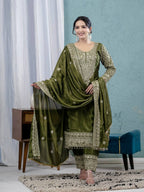 Teeya Creation Green Color Chinnon Silk Embroidery Work Fully Stitched Salwar Suit | Grocsy