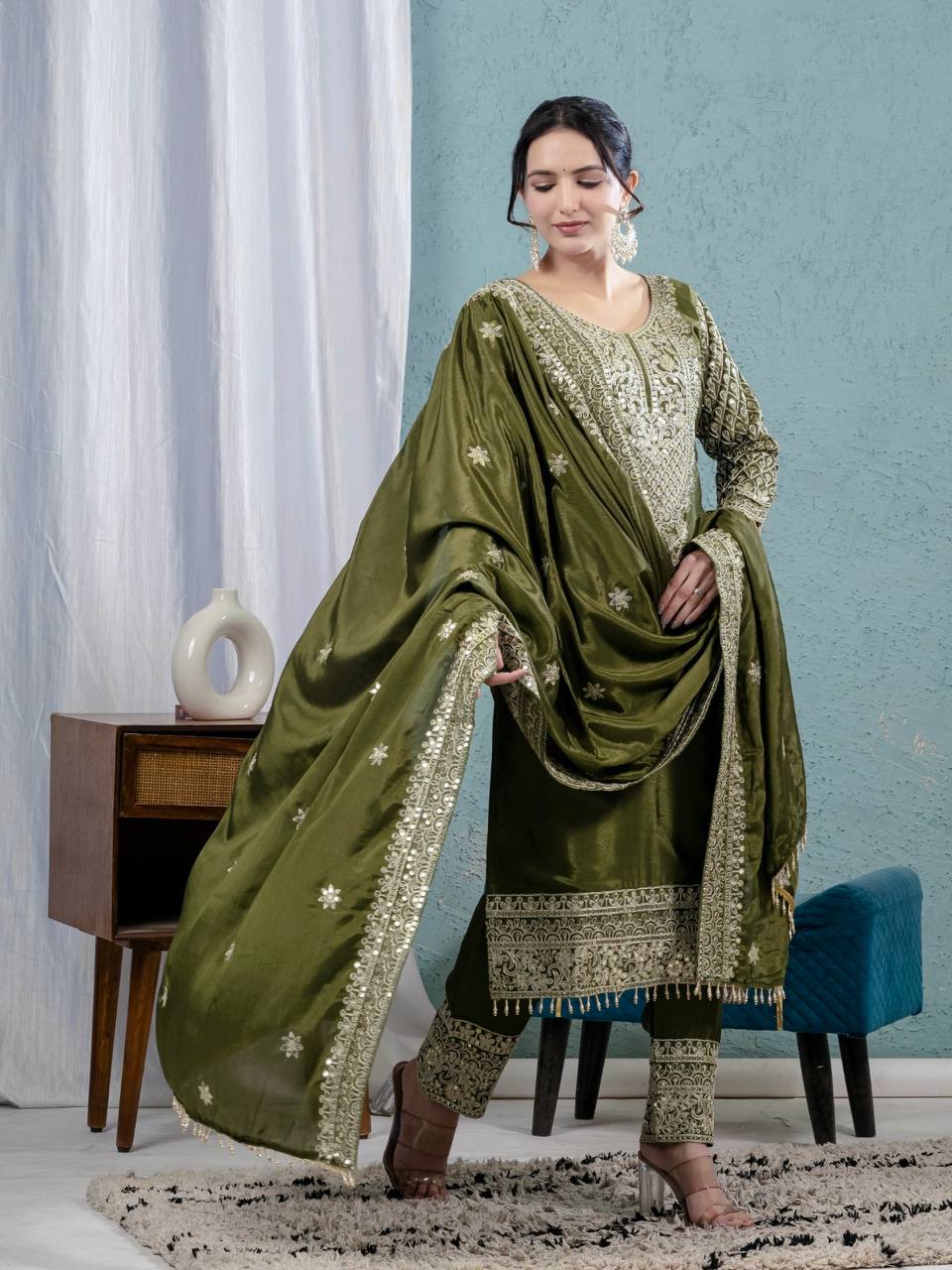 Teeya Creation Green Color Chinnon Silk Embroidery Work Fully Stitched Salwar Suit | Grocsy