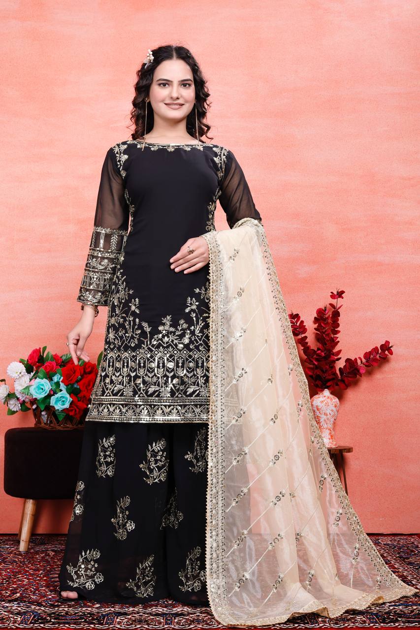 Teeya Creation Black Color Faux Georgette Embroidery Work Fully Stitched Salwar Suit | Grocsy