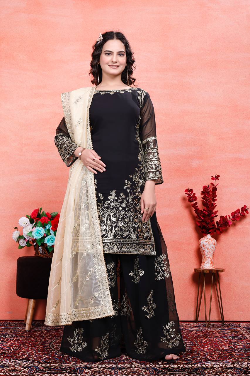 Teeya Creation Black Color Faux Georgette Embroidery Work Fully Stitched Salwar Suit | Grocsy