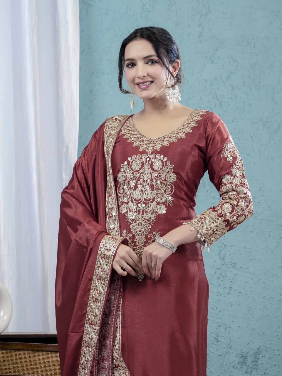 Teeya Creation Maroon Color Chinnon Silk Embroidery Work Fully Stitched Salwar Suit | Grocsy