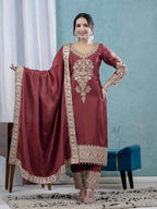 Teeya Creation Maroon Color Chinnon Silk Embroidery Work Fully Stitched Salwar Suit | Grocsy