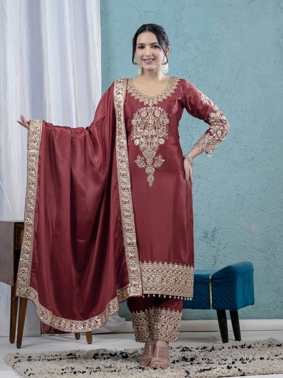 Teeya Creation Maroon Color Chinnon Silk Embroidery Work Fully Stitched Salwar Suit | Grocsy
