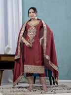 Teeya Creation Maroon Color Chinnon Silk Embroidery Work Fully Stitched Salwar Suit | Grocsy