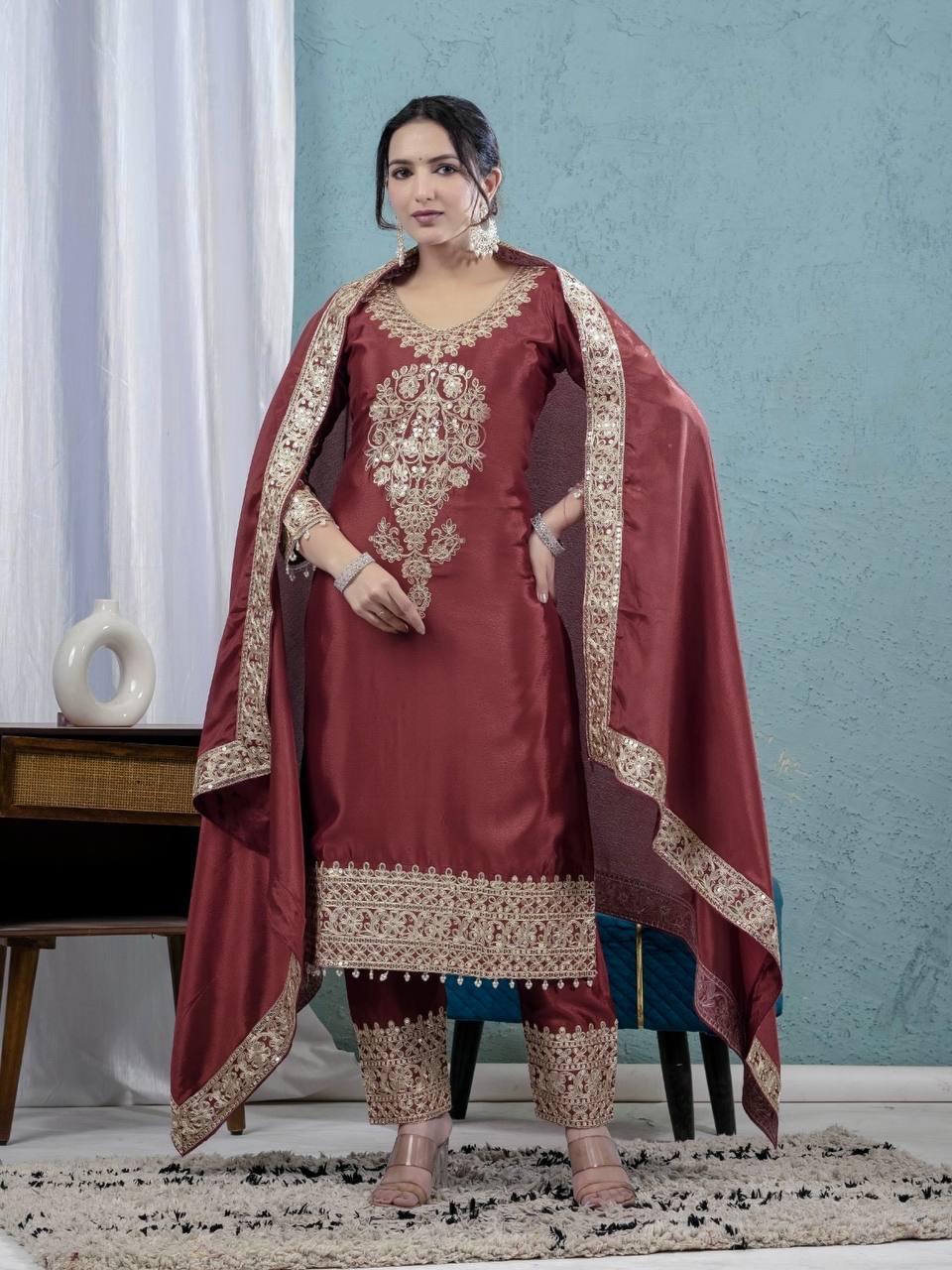 Teeya Creation Maroon Color Chinnon Silk Embroidery Work Fully Stitched Salwar Suit | Grocsy