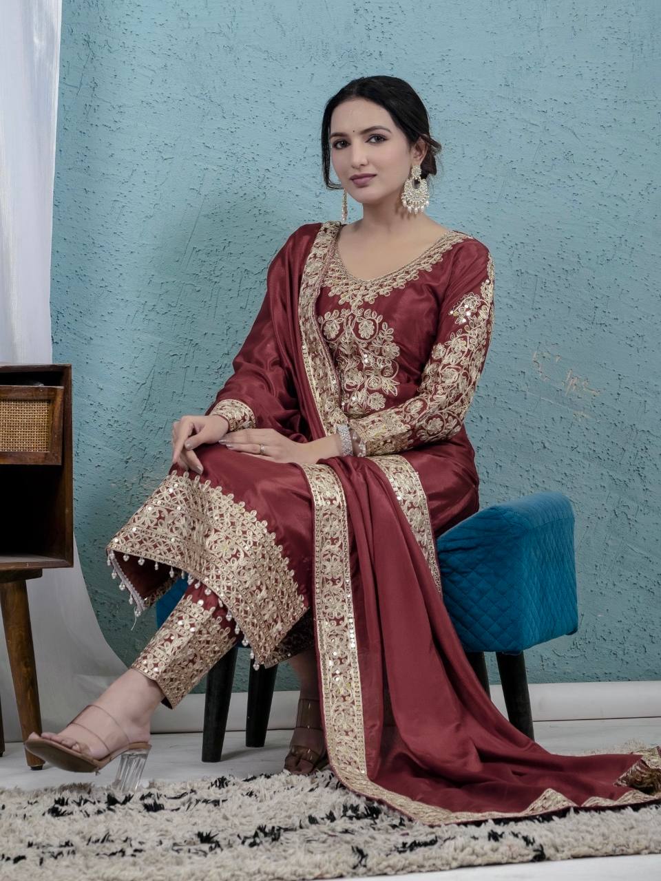 Teeya Creation Maroon Color Chinnon Silk Embroidery Work Fully Stitched Salwar Suit | Grocsy