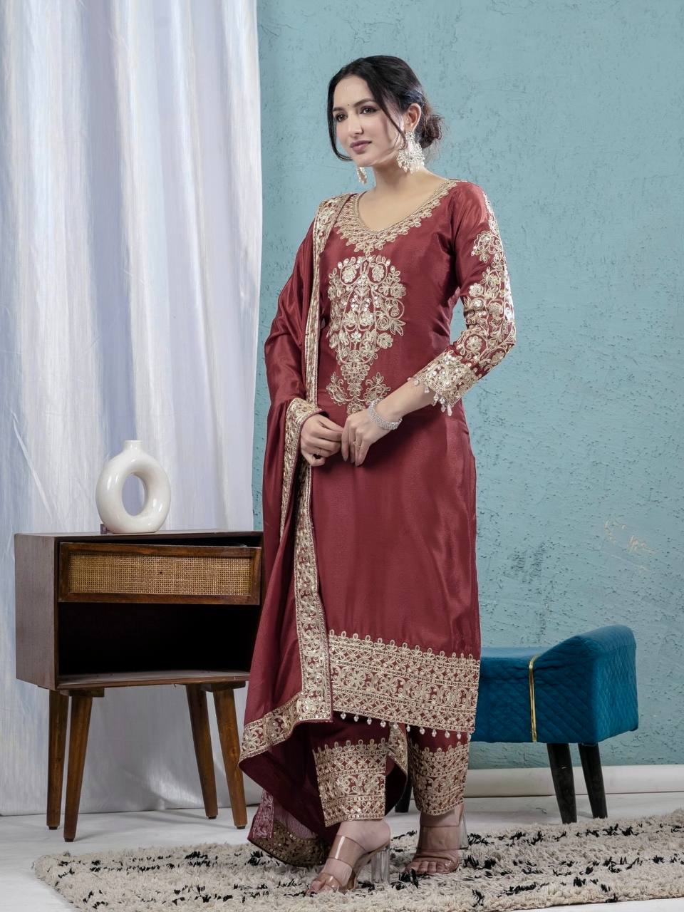 Teeya Creation Maroon Color Chinnon Silk Embroidery Work Fully Stitched Salwar Suit | Grocsy