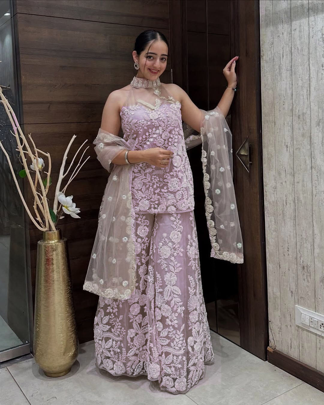 Teeya Creation Cream Colour Butterfly Net Embroidery Work Fully Stitched Pakistani Suit | Grocsy