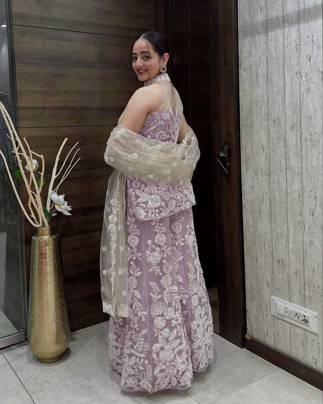 Teeya Creation Cream Colour Butterfly Net Embroidery Work Fully Stitched Pakistani Suit | Grocsy