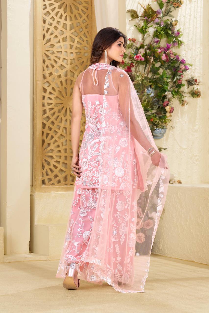 Teeya Creation Pink Colour Butterfly Net Embroidery Work Fully Stitched Pakistani Suit | Grocsy